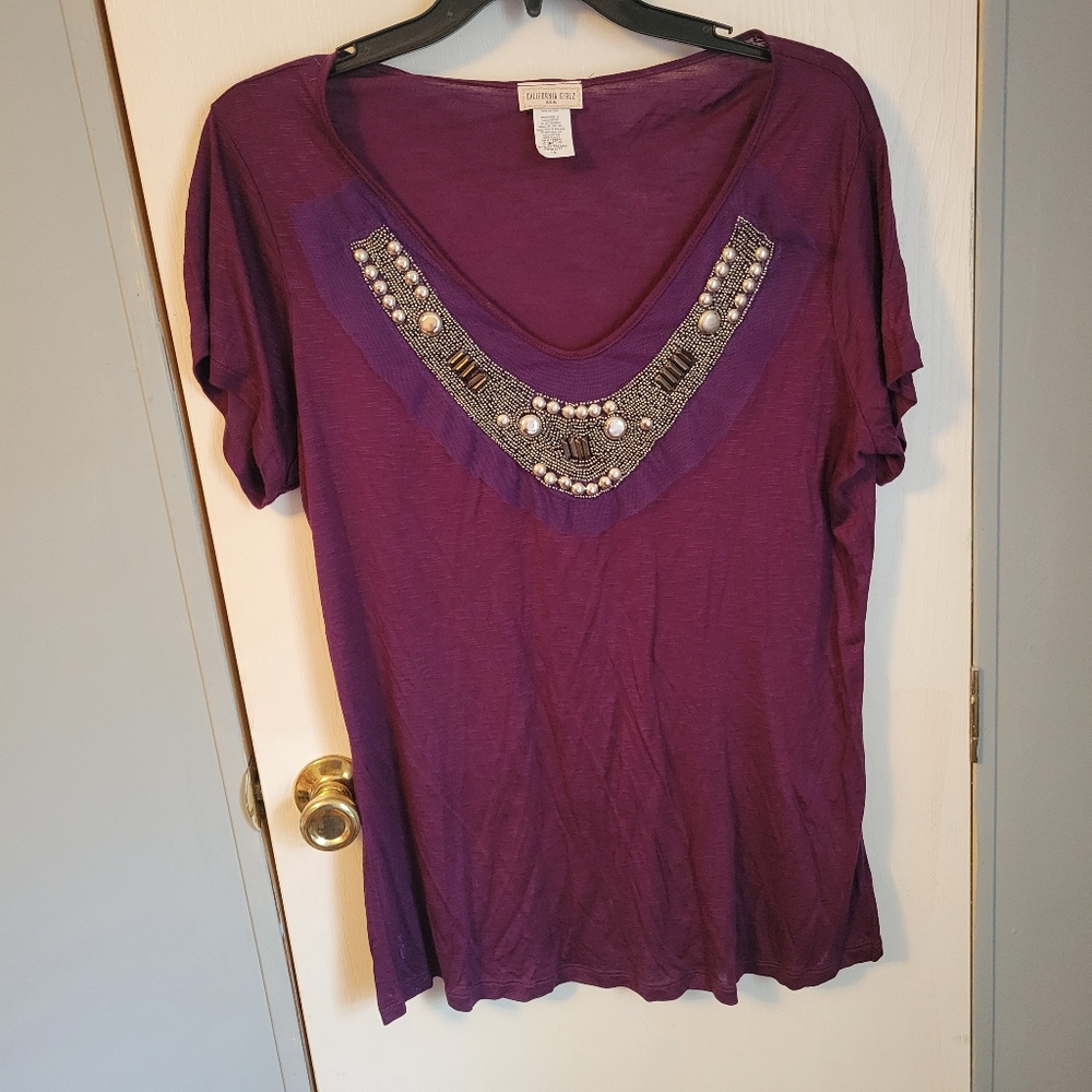 California Girlz Beaded Neck V-Neck Tee